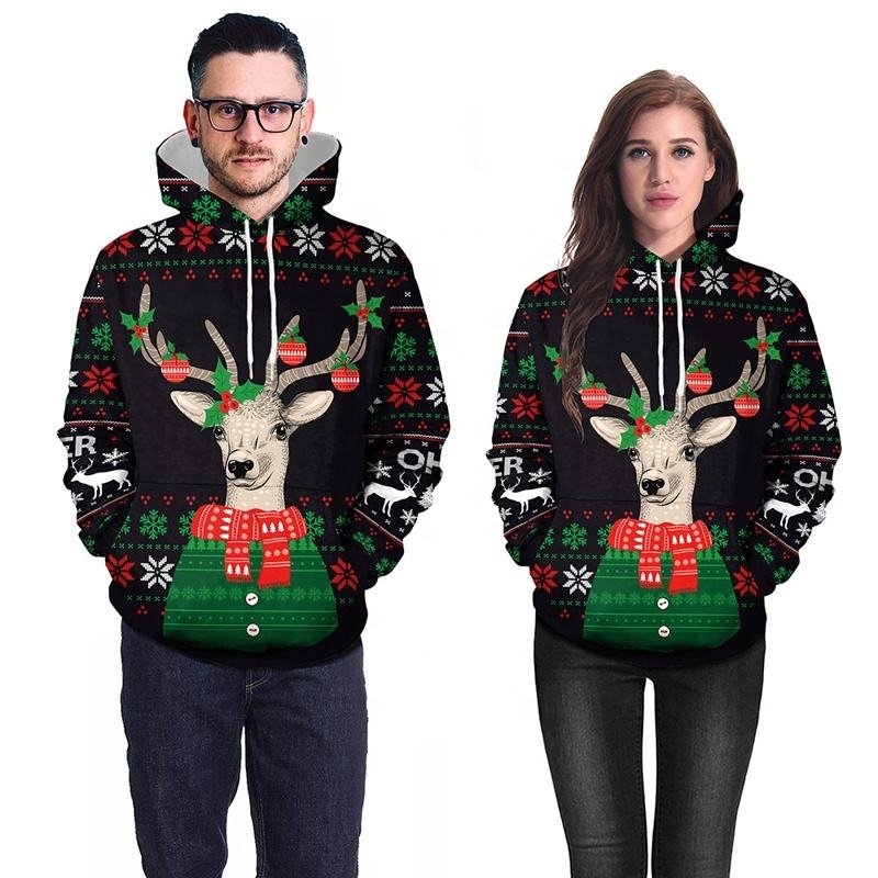 Ready to Ship Christmas Print Couple Pullover Sweater Stock of Women and Men Deer Digital Printed Couple Hoodies